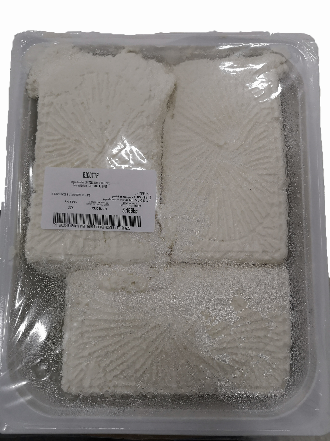 RICOTTA RECTANGULAIRE PATISSIERE 3X 1.7KG EGOUTEE