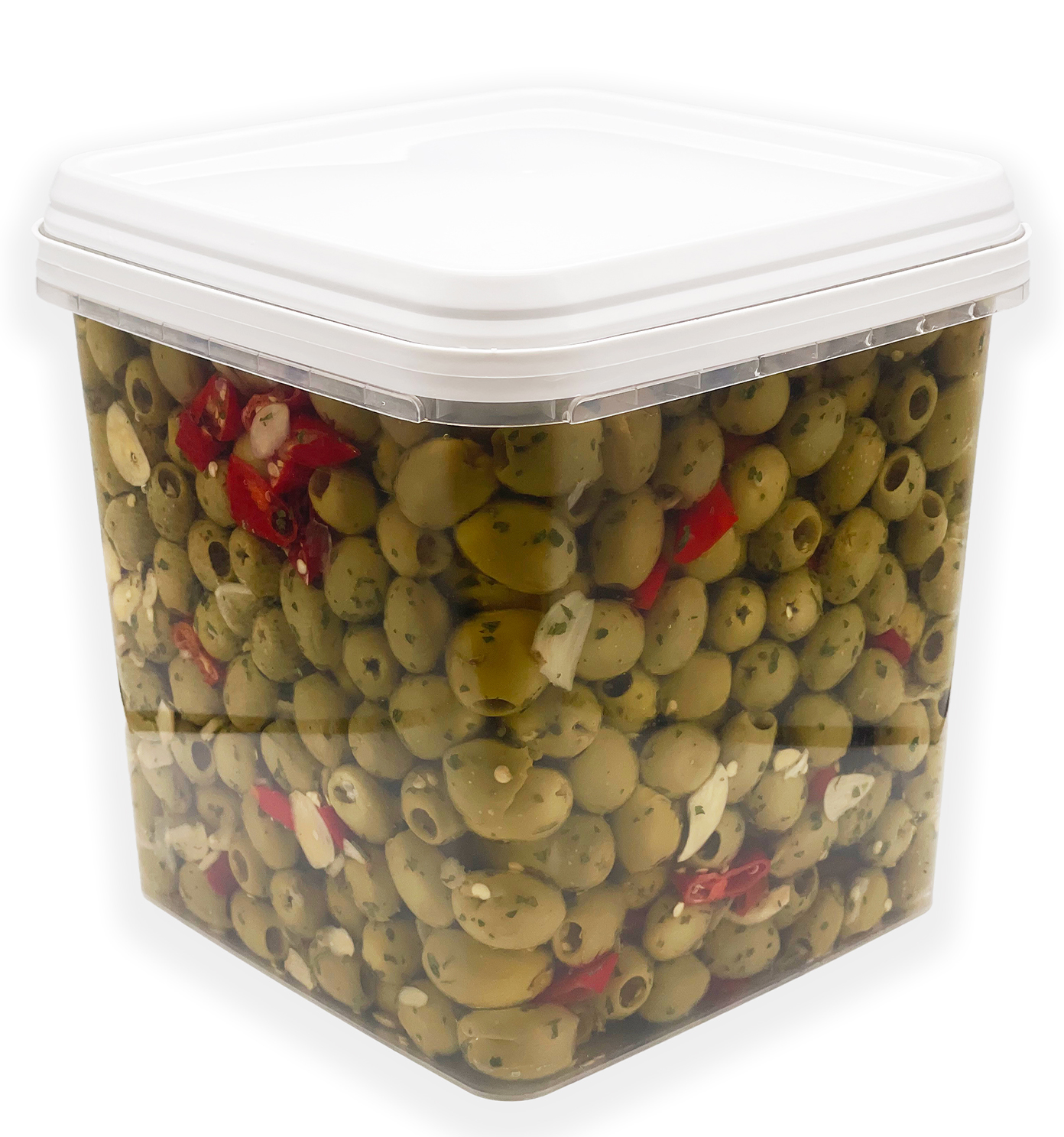 OLIVES VERTES DENOYAUTEES A L'AIL SEAU 5 KG