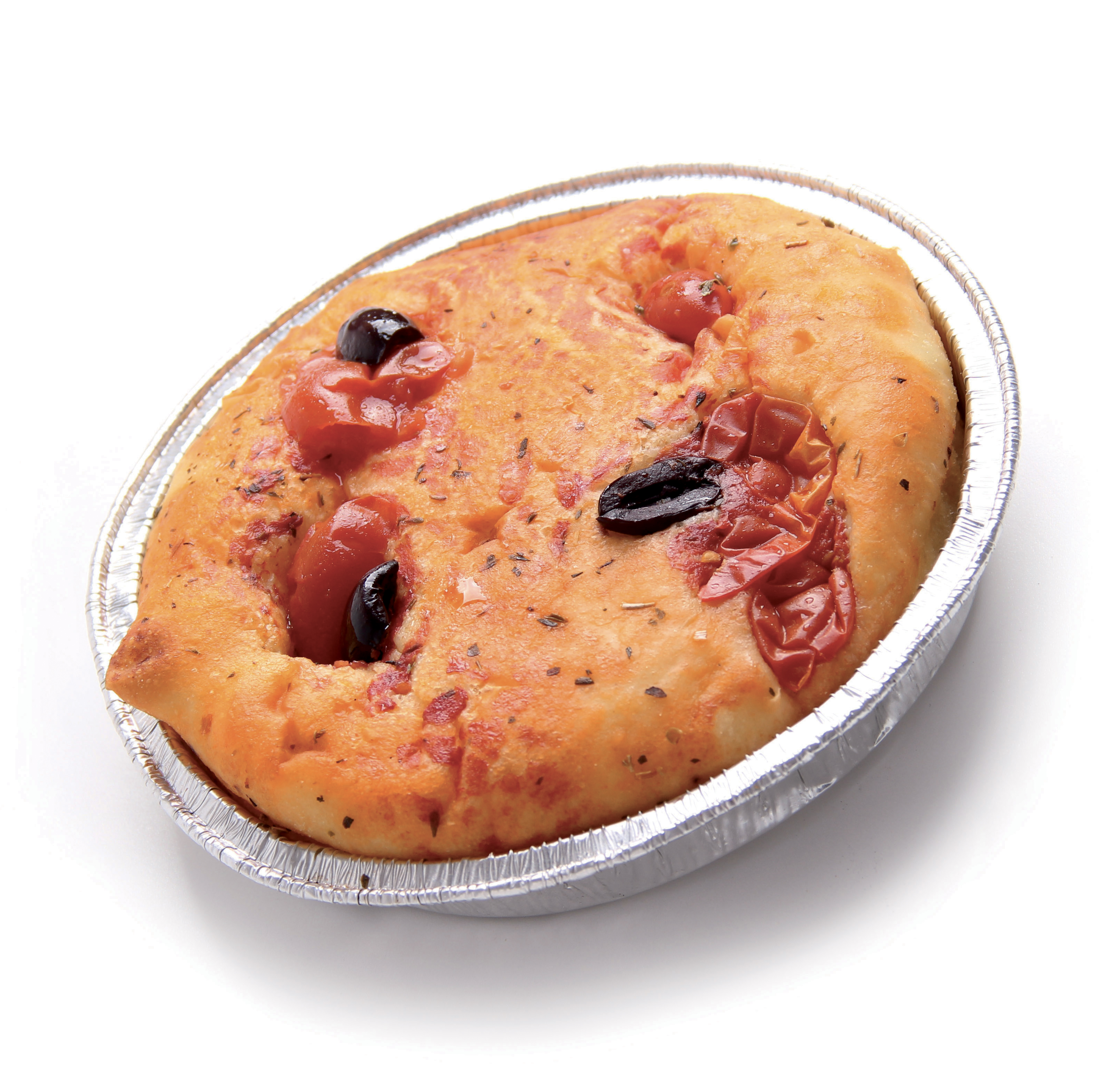 FOCACCIA 650G CON POMODORINI E OLIVE  DIA 33CM
